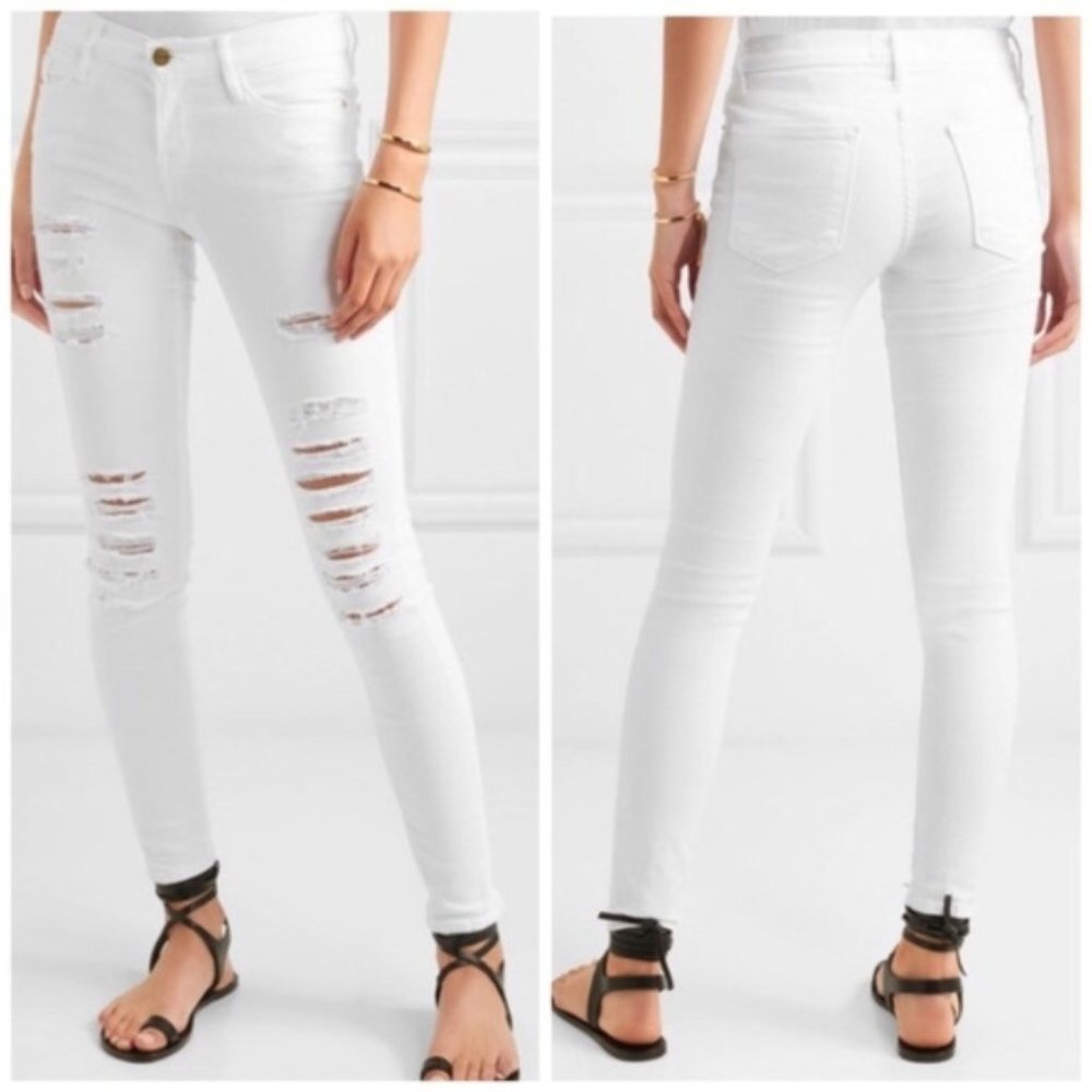 FRAME Le Skinny de Jeanne Ripped White Jeans 26